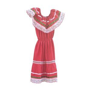 Sueno Zapoteco Red with White and Green Mexican Dress Kid's Size 6 (Small)